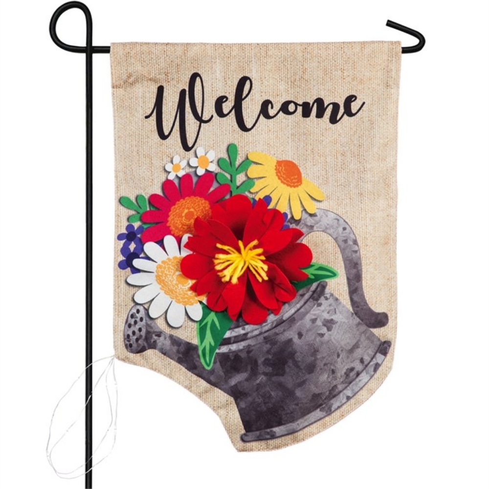 NIB* Evergreen Flag Welcome Watering Can Flowers